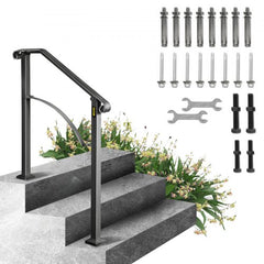 Black wrought iron handrail designed for 2-3 outdoor steps with an elegant arch profile.