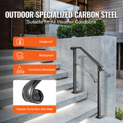 Black wrought iron handrail designed for 2-3 outdoor steps with an elegant arch design.