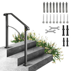 Black wrought iron handrail designed for 2-3 outdoor steps with an elegant arch profile.