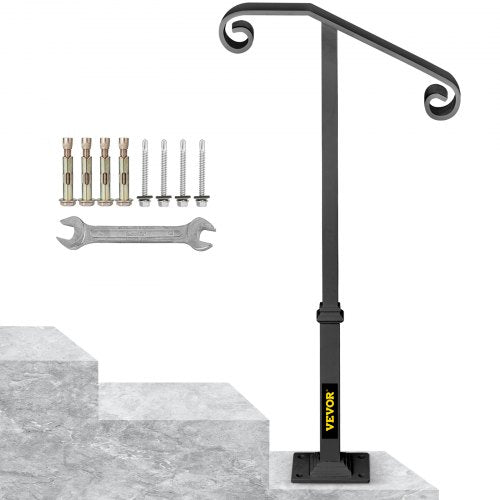 Gray wrought iron single post handrail for 1-2 outdoor steps with curled ornamental design.