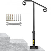 Gray wrought iron single post handrail for 1-2 outdoor steps with curled ornamental design.