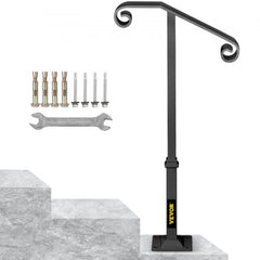 Gray wrought iron single post handrail for 1-2 outdoor steps with curled ornamental design.