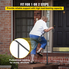 Gray wrought iron single post handrail for 1-2 outdoor steps with curled ornamental design.