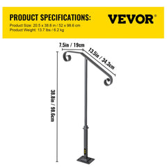 Gray wrought iron single post handrail for 1-2 outdoor steps with curled ornamental design.