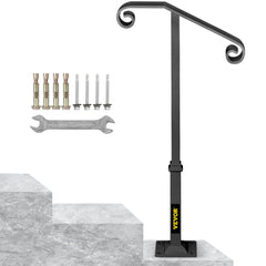 Gray wrought iron single post handrail for 1-2 outdoor steps with curled ornamental design.