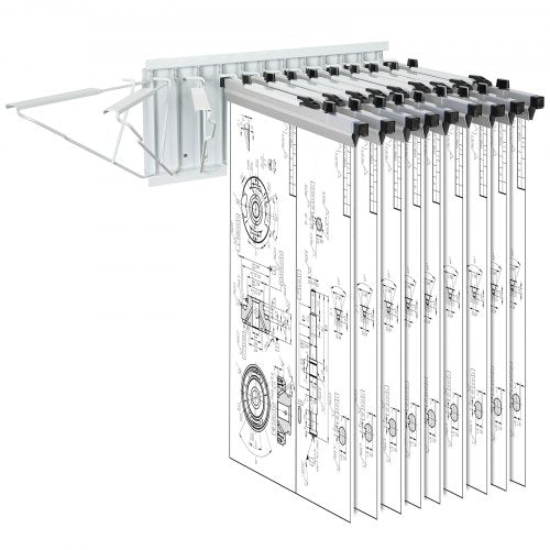 Wall-mounted blueprint storage rack with 12 pivot brackets holding rolled drawings.