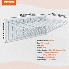 White wall-mounted blueprint storage rack with 12 pivot brackets, adjustable width from 24 to 42 inches.
