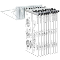 Wall-mounted blueprint storage rack with 12 pivot brackets holding rolled drawings.