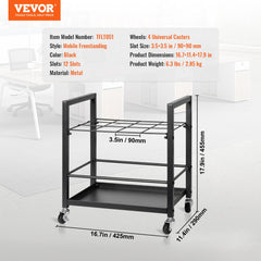 Metal mobile blueprint storage rack with 12 vertical slots and four swivel casters.