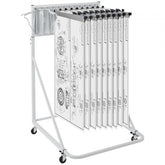 White mobile blueprint storage rack with 12 pivot brackets on wheels, holding rolled drawings.