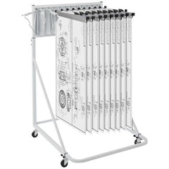 White mobile blueprint storage rack with 12 pivot brackets on wheels, holding rolled drawings.