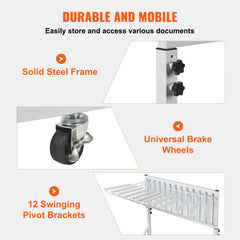 Mobile blueprint storage rack with 12 pivot brackets, solid steel frame, and locking swivel casters.