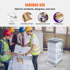 Mobile blueprint storage rack with 12 pivot brackets, adjustable height and width, on locking casters, holding architectural plans.