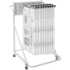 Mobile steel rack with 12 pivot brackets for storing blueprints, adjustable height and width, on locking casters.