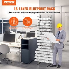 16-tier vertical blueprint storage rack on wheels with durable metal construction and smooth edges.