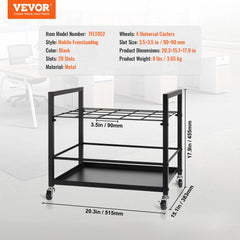 Mobile metal blueprint storage rack with 20 slots for rolled documents and swivel casters.