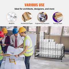 Mobile metal blueprint storage rack with 50 slots and four swivel casters for easy mobility.