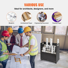 Wooden mobile cart with 50 slots for holding rolled blueprints, featuring locking casters.