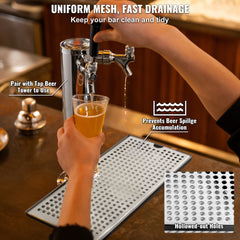 304 stainless steel beer drip tray with mesh cover and non-slip pads under a tap tower.