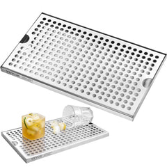 Stainless steel beer drip tray with perforated top and non-slip pads, shown with glasses.