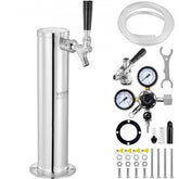 Stainless steel single tap kegerator tower kit with CGA320 regulator, tubing, and tools.
