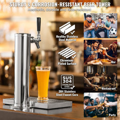 Stainless steel single tap kegerator tower kit with D-system coupler and drip tray.
