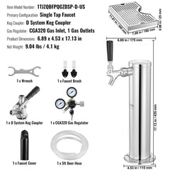 Stainless steel kegerator tower kit with D-system coupler and self-closing faucet.