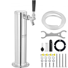 Stainless steel single tap draft beer tower with self-closing faucet and insulating foam.