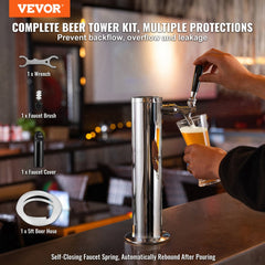 Stainless steel single tap draft beer tower with self-closing faucet and insulating foam.