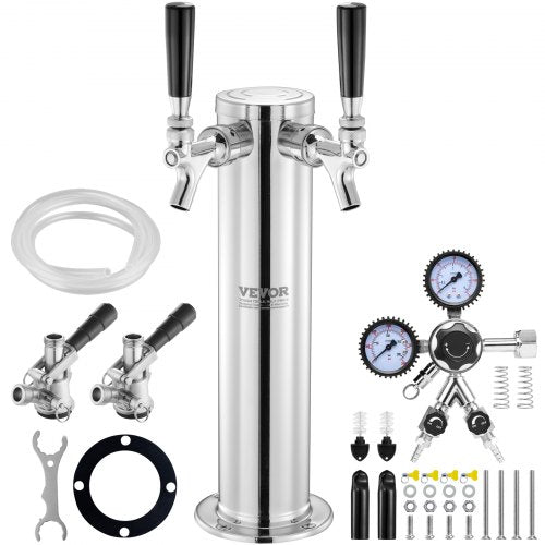 Stainless steel dual tap kegerator tower kit with CGA320 regulator, faucets, hoses, and fittings.
