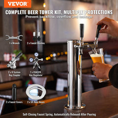 Stainless steel dual tap kegerator tower kit with CGA320 regulator and accessories.
