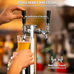 Stainless steel dual tap kegerator tower kit with two black handles and regulator.