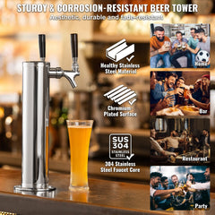 Stainless steel dual tap kegerator tower kit with CGA320 regulator and beer glasses.