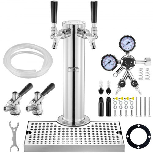 Stainless steel dual tap kegerator tower kit with self-closing faucets and drip tray.