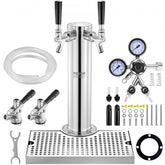 Stainless steel dual tap kegerator tower kit with self-closing faucets and drip tray.