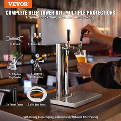 Stainless steel dual tap kegerator tower kit with self-closing faucets and drip tray.