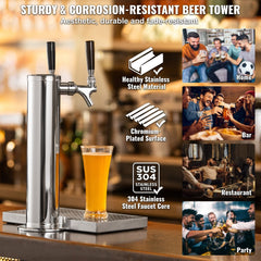 Stainless steel dual tap kegerator tower kit with self-closing faucets and drip tray.