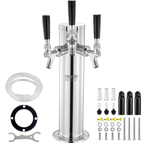 A stainless steel triple tap draft beer tower with hoses, gaskets, and mounting hardware.