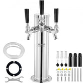 A stainless steel triple tap draft beer tower with hoses, gaskets, and mounting hardware.