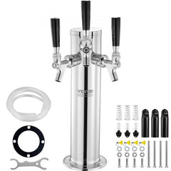 A stainless steel triple tap draft beer tower with hoses, gaskets, and mounting hardware.