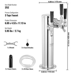Stainless steel triple tap draft beer tower with self-closing faucets and insulating foam.