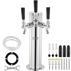A stainless steel triple tap draft beer tower with hoses, gaskets, and mounting hardware.