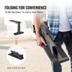 Man folding a 29.8-inch black ladder leveler stabilizer from 11.4-18 inches height for easy carry.