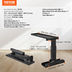 Black folding ladder leveler with adjustable height and non-slip rubber feet on wood floor.