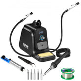 Black 80W LED display soldering iron station kit with helping hands, iron, tips, tweezers, and solder wire.