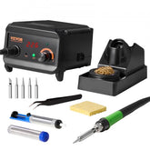 Digital soldering station kit with adjustable temperature and user-friendly display.