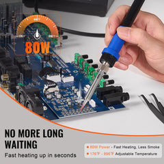 Digital soldering station kit with PID control, five tips, and compact design.