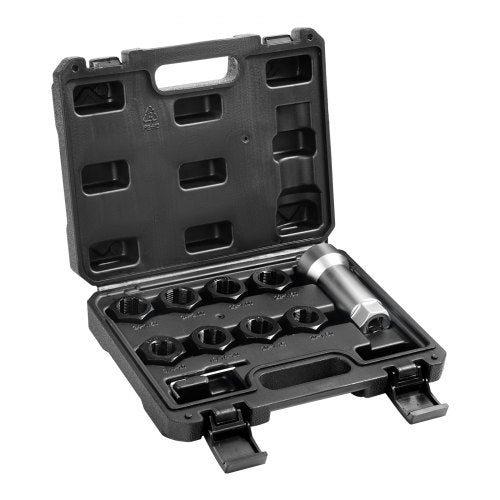 A black 10-piece axle spindle thread chaser set in an open plastic case.