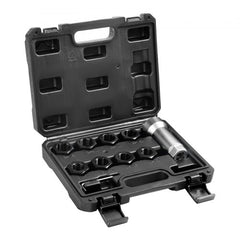 A black 10-piece axle spindle thread chaser set in an open plastic case.