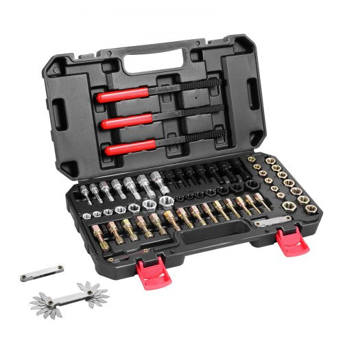 Bostome 61-piece thread chaser set with taps, dies, and color-coded files for thread restoration.